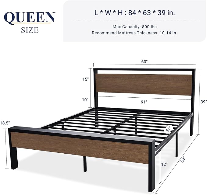 Allewie Queen Size Platform Bed Frame with Wooden Headboard and Footboard, Heavy Duty 12 Metal Slats Support, No Box Spring Needed, Under-Bed Storage, Noise Free, Easy Assembly, Walnut