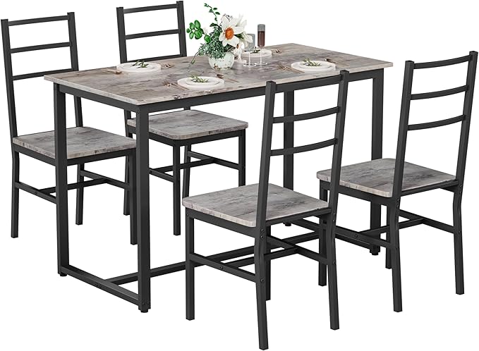 Ball & Cast Dining Table Set with Long Table and 4 Chairs,5-Piece Living Room Furniture W/ 47" Rectangle Kitchen Table & Backrest Chair,for Small Space,Apartment,Dining Room,Gray