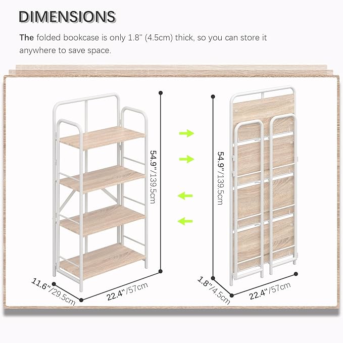 4NM No Assembly Folding Bookshelf 4 Tiers Vintage Industrial White Book Shelf Metal Foldable Storage Bookcase and Bookshelves for Living Room,Bedroom and Kitchen - Natural