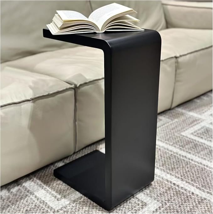 C Shaped End Table, Solid Wood C Side Table for Couch Sofa and Bed, Sofa Tables That Slide Under for Space Saving, Small Snack C Tables for Living Room Bedroom (H 24.4″ - Black, 1)