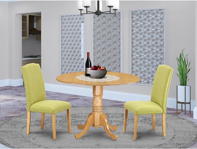 East West Furniture DLEN3-OAK-07 3 Piece Kitchen Table Set Contains a Round Dining Room Table with Dropleaf and 2 Limelight Linen Fabric Parson Dining Chairs, 42x42 Inch, Oak