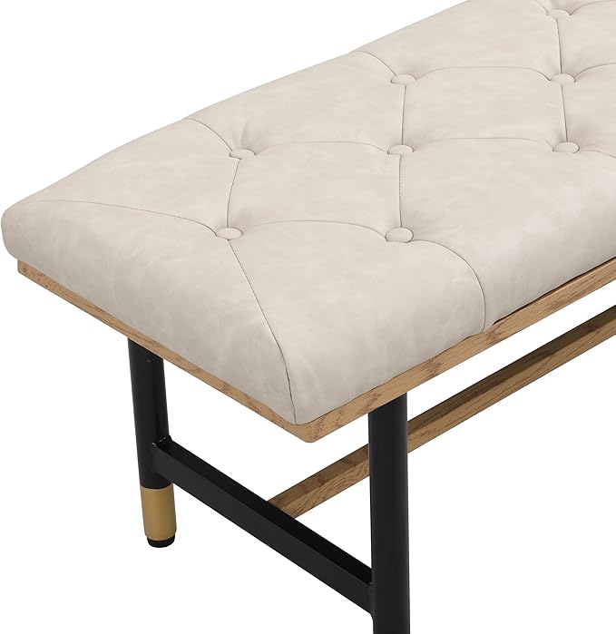 Shoe Bench Entryway, End of Bed Bench, Bench for Bedroom End of Bed, Modern Faux Leather Bench for Living Room, Entryway Bench Seat, Padded Bench with Solid Metal Shelf Gold, Beige