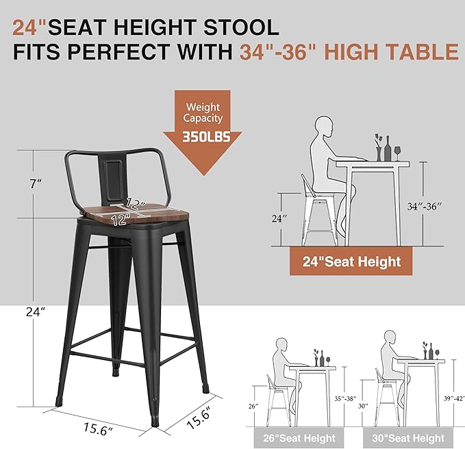26 Inch Swivel Bar Stools Set of 2 with Backs Counter Height Industrial Metal Barstools Island Bar Chairs for Home Kitchen Dining Room (Swivel 26 inch,Matte Black Wooden)