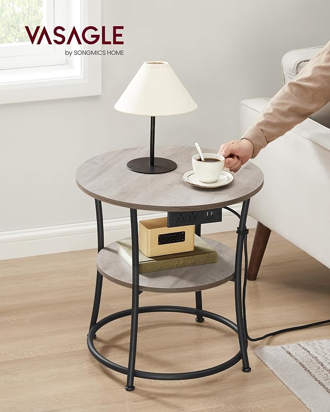 VASAGLE Side Table, 2-Tier Round End Table with Power Outlets, Nightstand with Steel Frame for Small Spaces, Living Room, Bedroom, Heather Greige and Ink Black ULET077L01