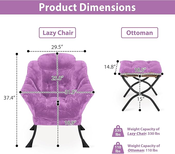 Lazy Chair with Folding Ottoman, Accent Chair Plush Upholstered with Metal Structure and Non-Slip Pads, Sofa Armchair with Footrest and Side Storage Bag for Dorm, Room, Office, Purple