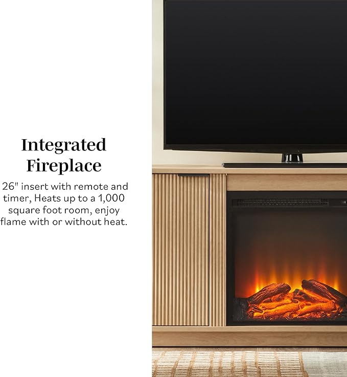 Walker Edison Chloe Reeded TV Stand with Fireplace Insert, 75 Inch, 70 Inch, Coastal Oak