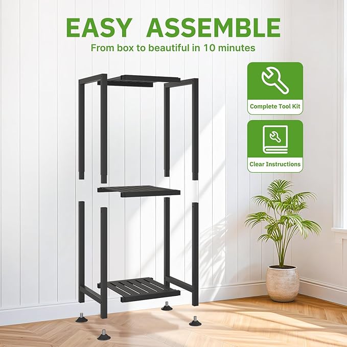 KMOTASUO 3 Tiered Black Tall Plant Stand for Indoor Outdoor, Heavy Duty Metal Multiple Large Planter Rack for Narrow Corner, Sturdy Iron Vertical Flower Holder for Modern House, Patio, Bathroom, Porch
