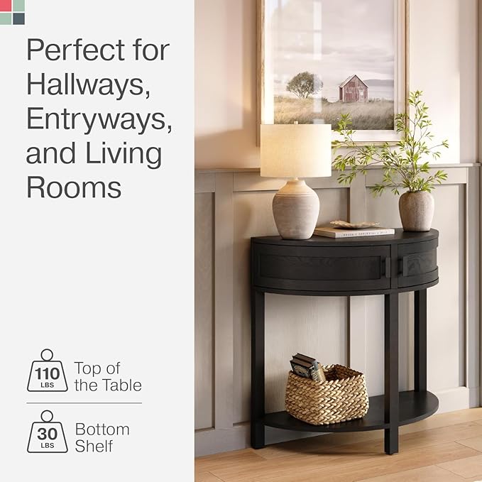 Living Room Furniture Sofa Table Half Moon - 32 in x 15.75 in, Blackened Oak Rustic Wood - Console Table with Storage & Black Knobs for Hallway & Entryway Decor