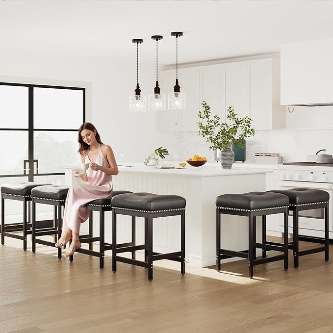 MALOL Set of 6 Saddle Bar Stools Counter Height 24.4”, Black Backless Barstools for Kitchen Island, Modern PU Leather Cushioned Seat, Bar Chairs for Kitchen Counter, Breakfast Bar Stools for Home
