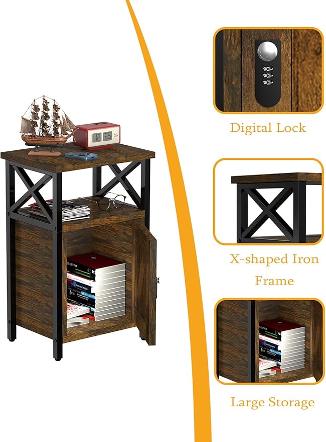 Night Stand with Locking Drawer, Bedside Table with Drawers, Wooden Bed Side Table with Storage, Nightstand with Shelves, End Night Tables For Bedroom, Living Room, Dorm, Office (Rustic Brown)