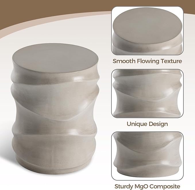 COSIEST Outdoor Side Table, 18''H Patio Concrete Side Accent Table, Streamlined Lightweight Decorative Patio Garden Stools, Plant Stand Drum Tables, Round, Grey