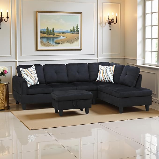 Couches for Living Room Modern L Shaped Couch Comfy Flannel Fabric 3 Pieces Sectional Sofa with Chaise, Ottoman with Storage for Office and Small Apartment, Black
