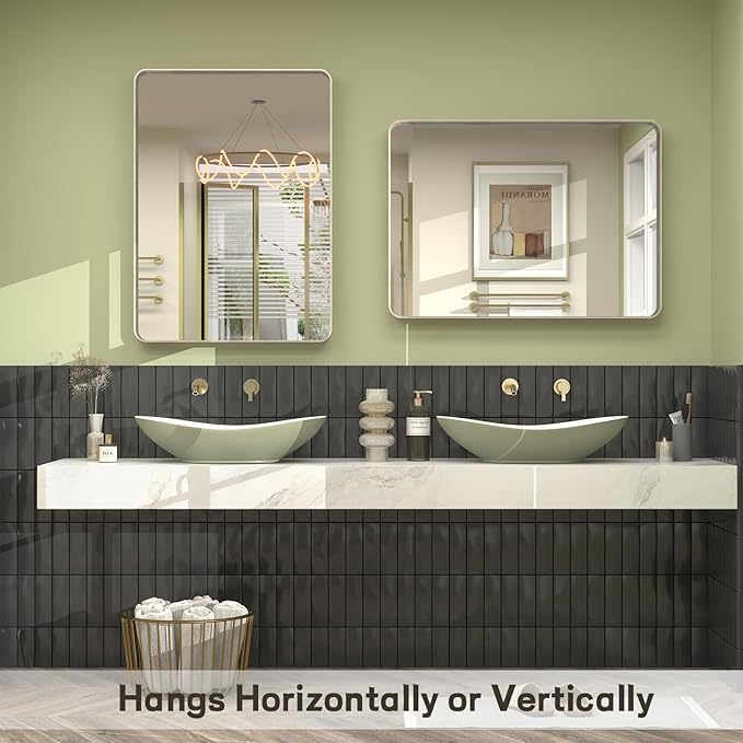 30x36 Inch Brushed Nickel Bathroom Mirror, Brushed Silver Metal Framed Wall Mirror, Rounded Corner Rectangle Modern Vanity Mirror, Tempered Glass, Anti-Rust, Shatterproof (Horizontal/Vertical)