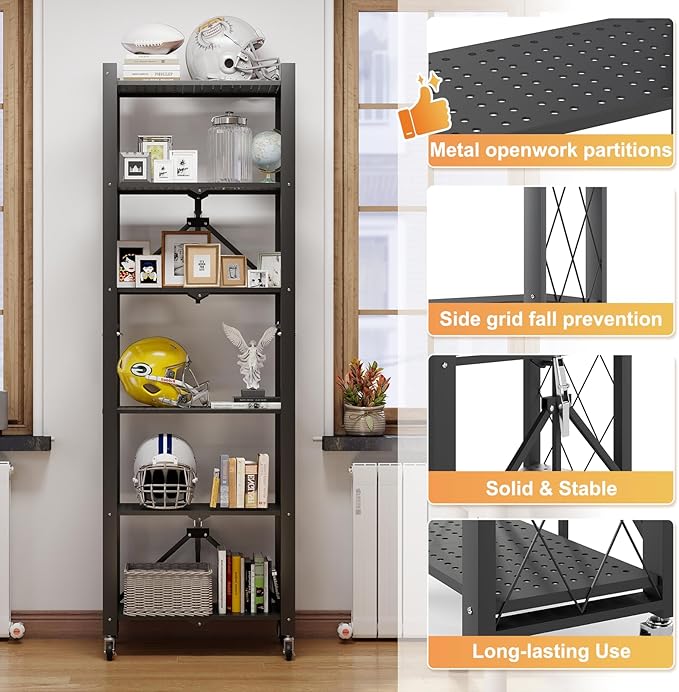BAYOYONI 6 Tier Industrial Bookshelf - Storage Shelves with Two Usage Modes - Foldable Metal Bookshelves for Living Rooms, Offices, and Bedrooms (Black, 6 Tier)