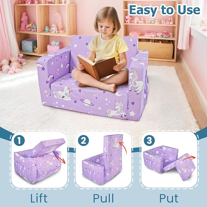 Kids Couch, 2-in-1 Kids Fold Out Sofa, Convertible Toddler Couch to Lounger for Girls and Boys, Soft Toddler Chairs Comfy 1-3 Years Old(New Unicorn)
