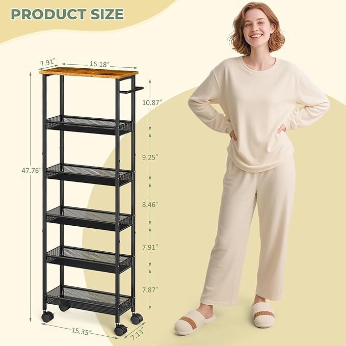 6 Tier Slim Storage Cart with Handle, Rolling Kitchen Laundry Room Storage Cart with Wooden Top, Narrow Metal Bathroom Trolley on Wheels for Small Space, Mobile Shelving Unit, 7.9in(W)
