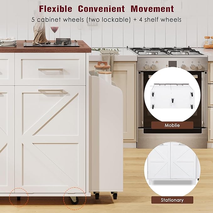 Ball & Cast Farmhouse Kitchen Island with Drop Leaf,Rolling Kitchen Cart on 5 Wheels W/Removable Side Racks and 2 Drawers,Kitchen Storage Cart W/Towel Rack,for Kitchen,Dining Room,White,47.2"