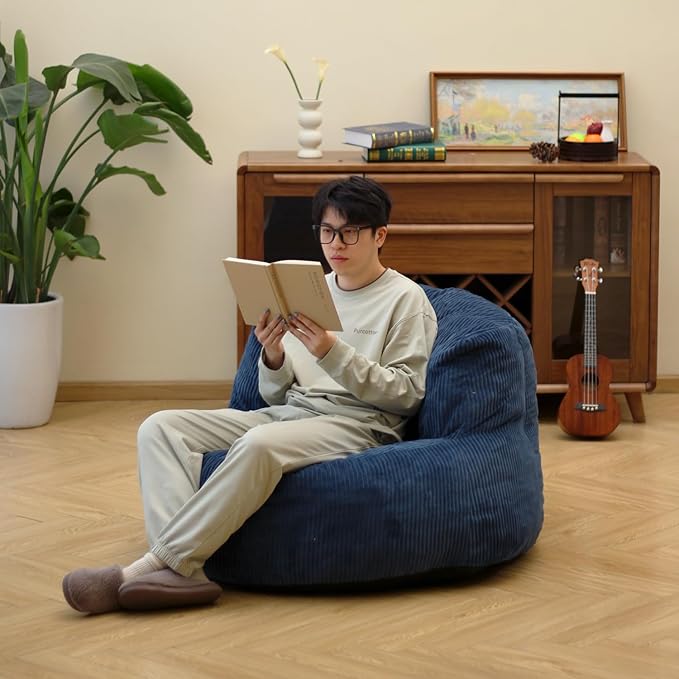 N&V Large Crescent Bean Bag Chair, Adult Size Bean Bag Sack, Foam Filling, Soft Premium Corduroy Bean Bag for Living Room Bedroom Dorm and Office (Prussia Blue)