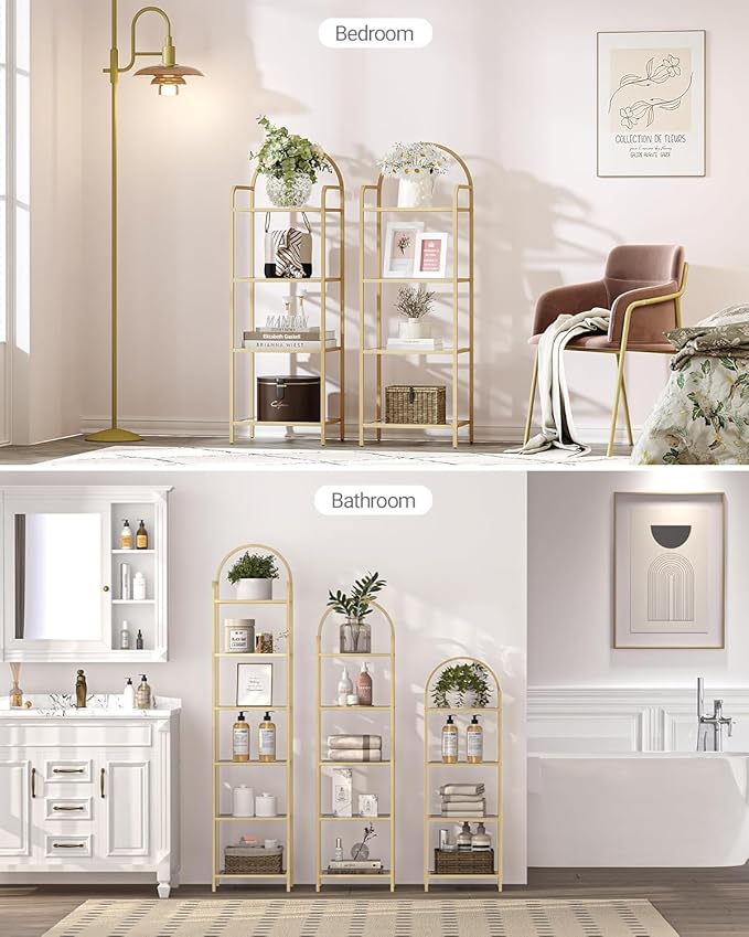Bookcase Bookshelf, Tempered Glass Bookshelves, Slim Shelving Unit for Bedroom, Bathroom, Home Office, Steel Frame, 4 Tier Gold BC04001G