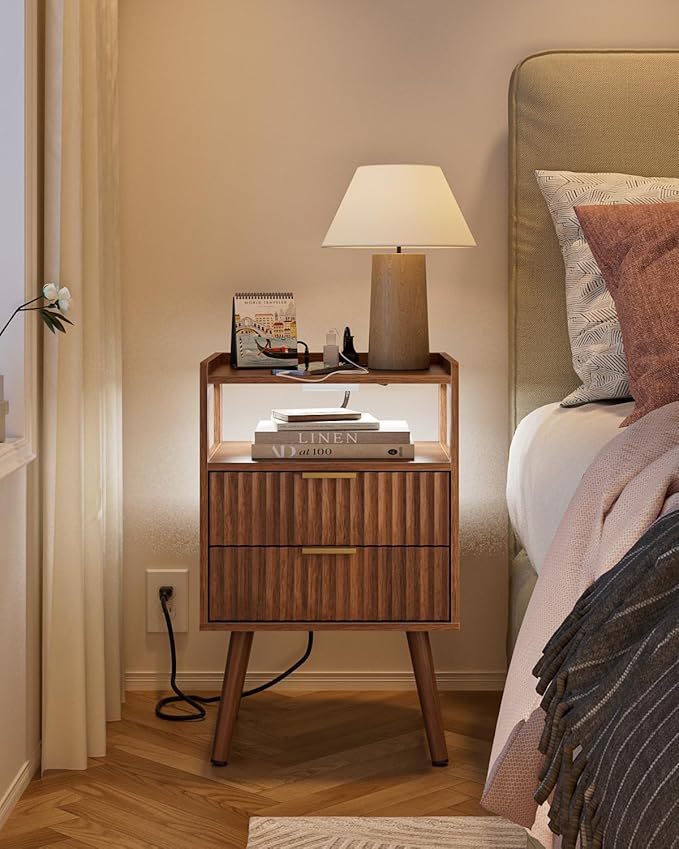 Nightstand with Charging Station and LED Lights,Modern Bedside Table with 2Drawer and Open Shelf,Walnut Night Stand with Solid Wood Legs,End Table for Living Room、Bedroom and Small Spaces