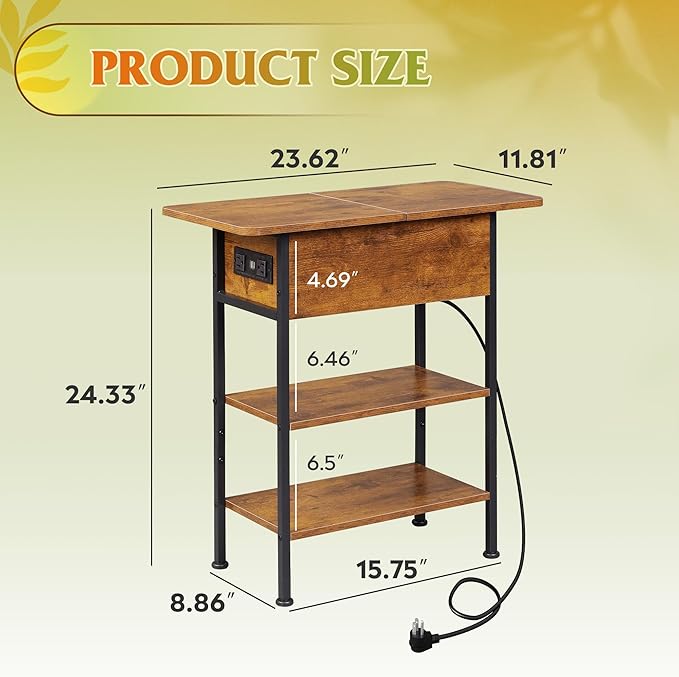 WLIVE End Table with Charging Station, Flip Top Side Table with Storage Shelf, Narrow Bedside Table for Living Room, Sofa Couch Table with USB Ports and Outlets, Bedroom Nightstand, Rustic Brown