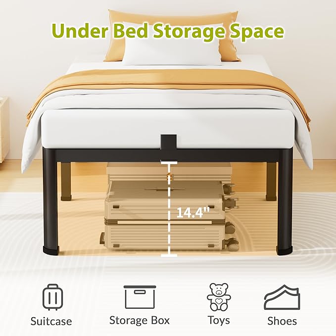 16 Inch Twin Size Metal Platform Bed Frame with Round Corners, Storage Space Under High Bed Frame-Heavy Duty Steel Slats Support, Noise Free - Easy Assembly - No Box Spring Needed