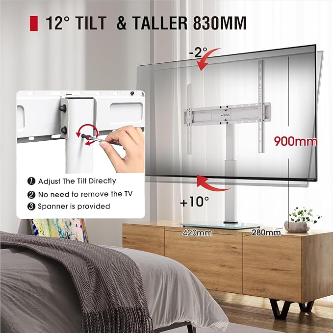 Swivel Universal TV Stand for 32-75 inch TVs with Tilt Down/Up, 8 Levels Height Adjustable Table Top TV Mount Stand with Stable Heavy Duty Tempered Glass Base, MAX VESA 600x400 mm up to 99lbs, White
