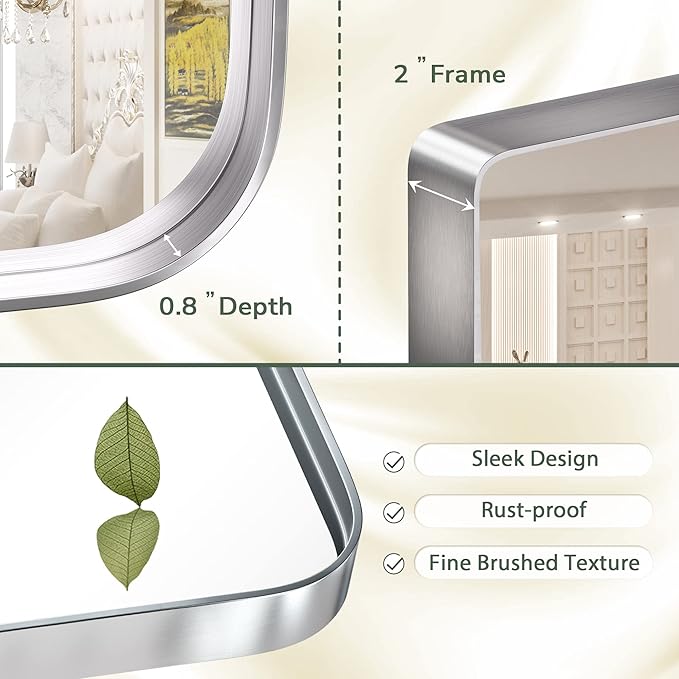 TokeShimi 20 x 30 Inch Silver Bathroom Wall Mirror Vanity Metal Frame Round Corner Rectangular for Home Decor Living Room Entryway (Horizontal/Vertical)