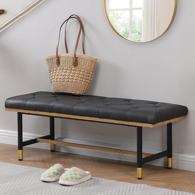Shoe Bench Entryway, End of Bed Bench, Bench for Bedroom End of Bed, Modern Faux Leather Bench for Living Room, Entryway Bench Seat, Padded Bench with Solid Metal Shelf Gold, Grey