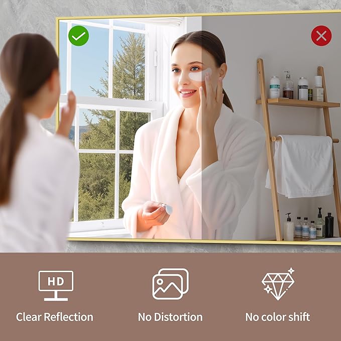 YIROMAN Bathroom Mirror 48"x36", Large Brushed Gold Bathroom Mirror for Over Sink with Aluminum Frame, Rectangular Vanity Mirror with Right Angle, Wall Mirror Hangs Horizontal or Vertical