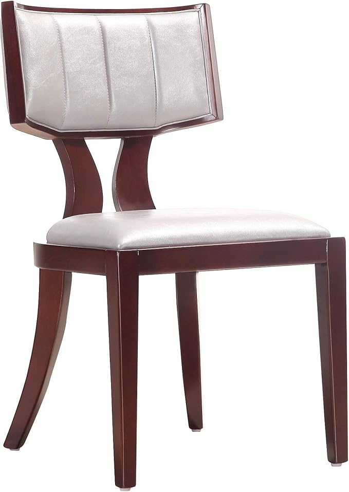 Manhattan Comfort Pulitzer Faux Leather Dining Chairs Set of 2, Solid Beech Wood with Walnut Finish, Iconic Greek Design, Fully Assembled Accent Kitchen Furniture, Silver
