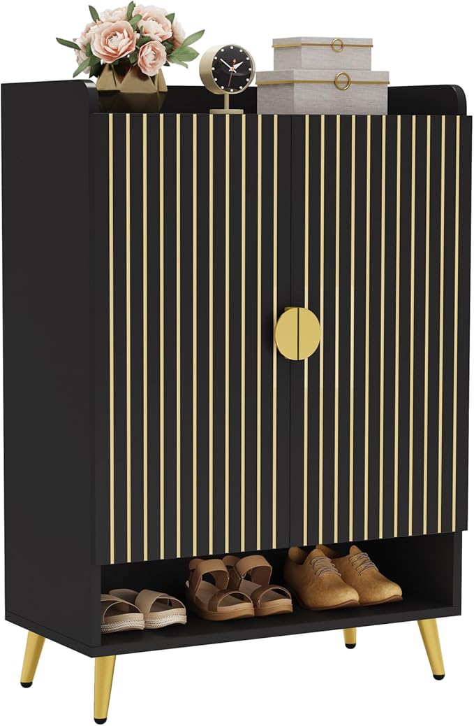 Tribesigns Shoe Cabinet with Doors, 7-Tier Shoe Storage Cabinet with Adjustable Shelves, Wooden Shoes Rack Shoe Storage Organizer for Entryway, Hallway, Closet, Living Room, Black