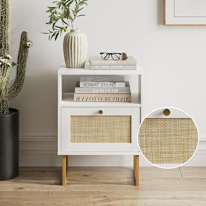 Masupu Extra Large Rattan Nightstand,Boho Night Stand Modern Farmhouse Wood Bedside Table with Storage Drawer and Open Shelf,Side End Table for Bedroom,Living Room,Office White