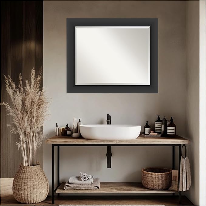 Amanti Art Black Bathroom Mirror for Over Sink, 28x34 Sloped Black Rectangle Vanity Mirror, Large Modern Contemporary Frame, Hangs Horizonally and Vertically, Bathroom Wall Decor, Beveled Edge
