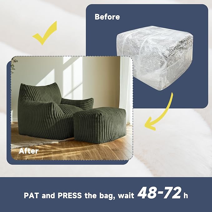 Giant Bean Bag Chairs for Adults, Oversized Chaise Lounge Chair Indoor with Memory Foam - Plush Boneless Lounger & Ottoman for Bedroom, Living Room, Gaming & Reading, Lazy Floor Sofa Chair, Green