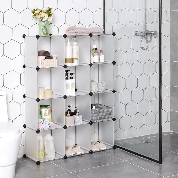 SONGMICS Cube Storage Organizer, Set of 12 Plastic Cubes, Book Shelf, Closet Organizers and Storage, Room Organization, Bedroom Living Room, 12.2 x 36.6 x 48.4 Inches, White ULPC34L