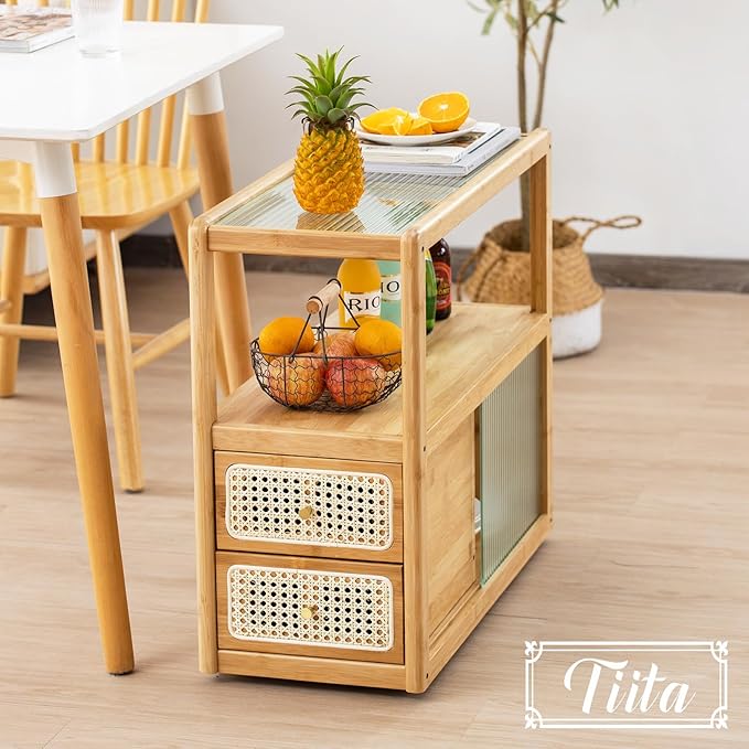 Tiita Rattan Nightstand Side Table, Bamboo Accent Bedside Tables, Glass Coffee Tables, Boho Wooden End Table with Storage for Small Space, Living Room and Bedroom