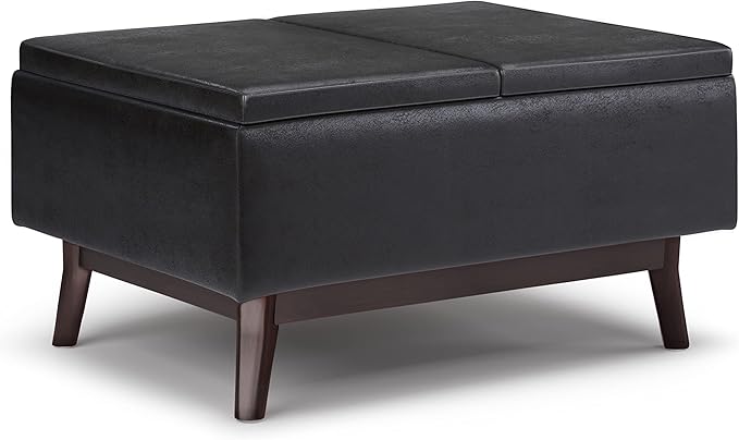 SIMPLIHOME Owen 34 inch Wide Mid Century Modern Rectangle Tray Top Small Coffee Table Storage Ottoman in Distressed Black Vegan Faux Leather, Assembled, for the Living Room, Entryway and Family Room