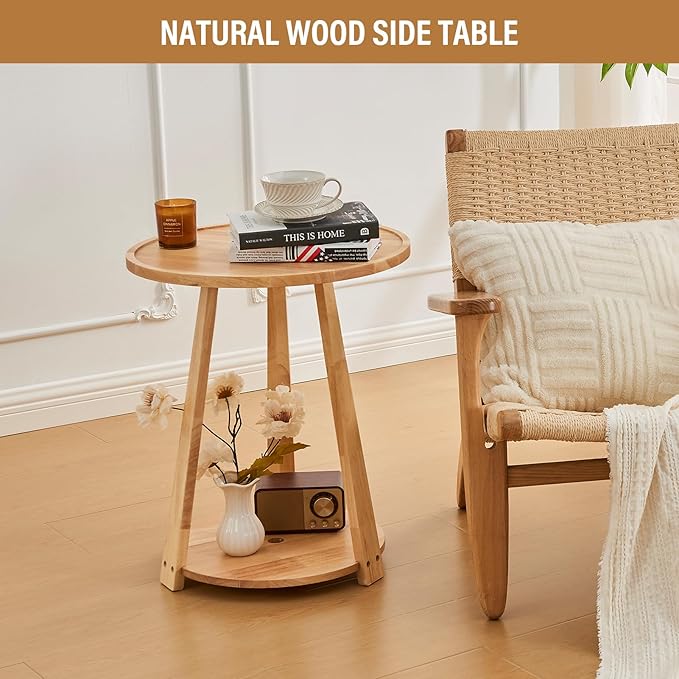 CozyDH Round End Table, Wooden Narrow/Little Coffee/Sofa/Couch SideTable with Lower Shelf for Living Room Bedroom, Solid Wood Bedside Nightstand, Natural