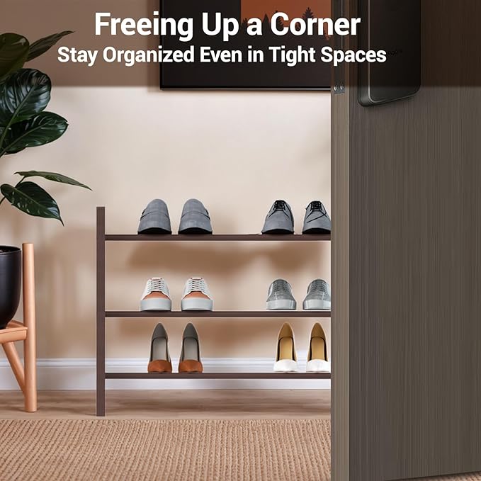 Haddockway Bamboo Shoe Rack for Closet, Free Standing Shoe Organizer with Smooth Round Rods & Convenient Handles, Stackable Shoe Storage Shelf for Entryway, Hallway(Brown, 3-Tier(Small))