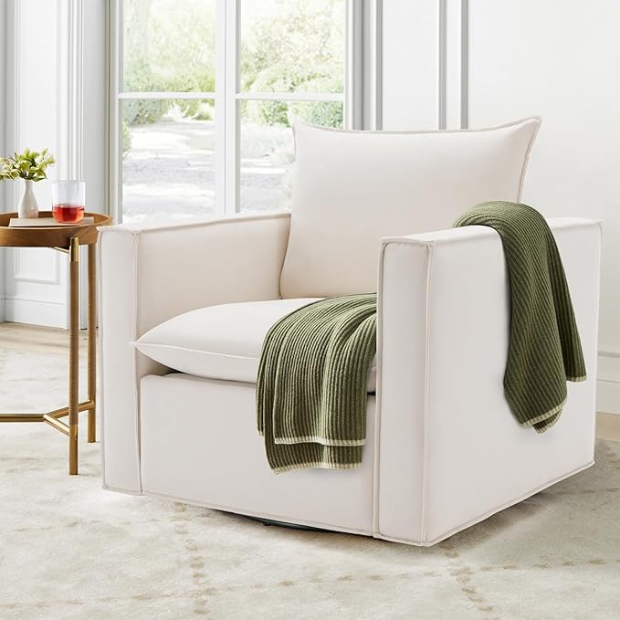 COLAMY Swivel Accent Chair, 34 Inches Wide Upholstered Arm Chair with Plump Back Pillow, Modern Sofa Living Room Chair for Bedroom, Corner, Reading Nook-Beige