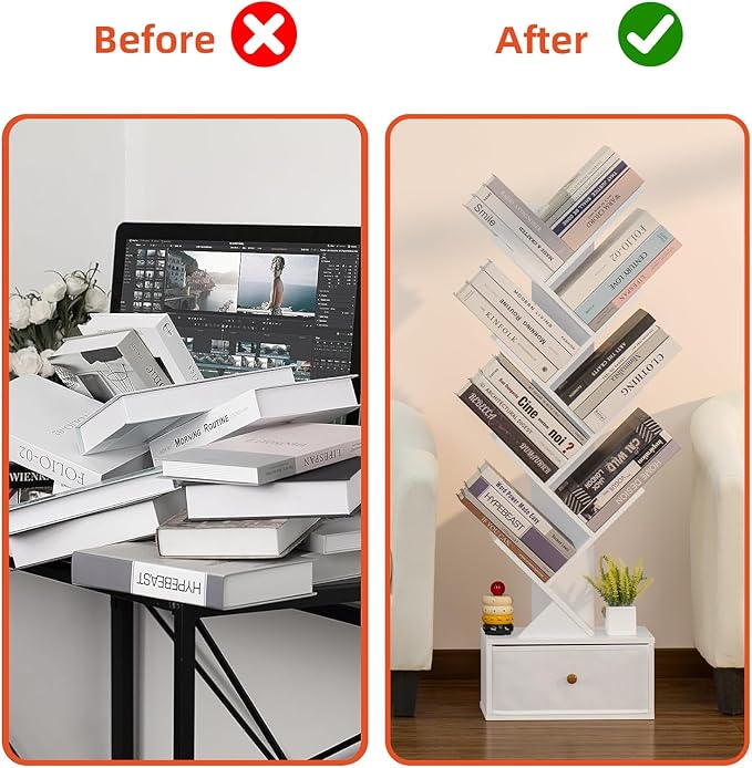8 Tier Tree Bookshelf with Drawer, Free Standing Wood Bookcase for Narrow Space, Storage Organizer Bookshelves for Books, Book Case for Home Office, Living Room, Bedroom - Sweet White