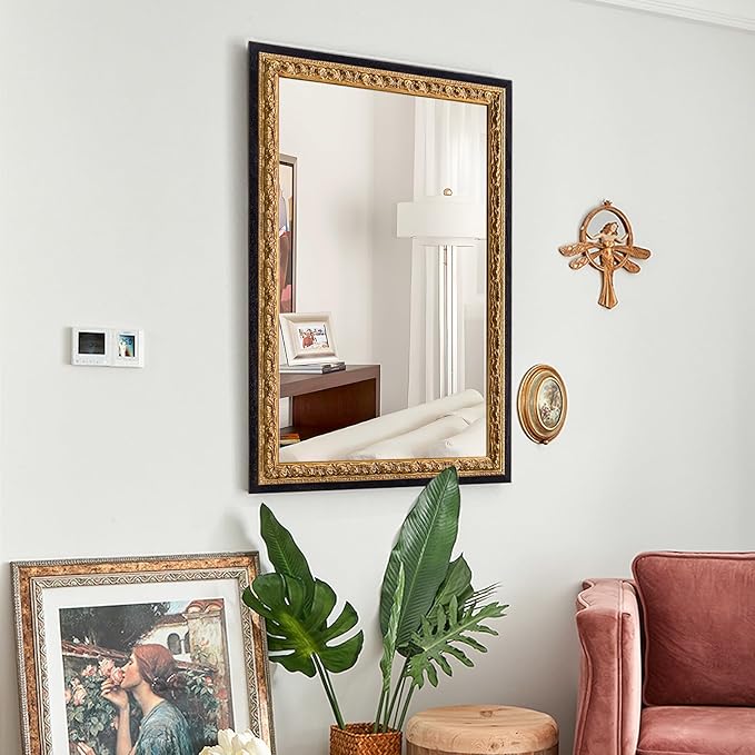 Gold Vintage Mirror 40”x28”, Black Gold Decorative Mirror with Gold Foil Flower Petal Carvings Wooden Frame for Luxe Living Room, Entryway, Bathroom and Bedroom