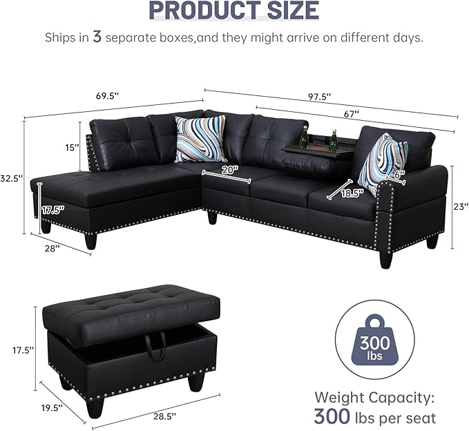 L Shaped Modular Sectional Sofa with Reversible Chaise Lounge, 5-Seater Corner Couch, PU Leather Convertible Sofá w/Movable Ottoman, Cup Holders, 2 Pillows and Rivet Ornament for Living Room