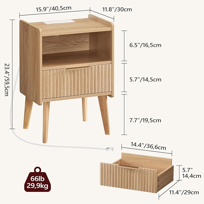 Fluted Nightstand, End Table, Small Modern Bedside Table with Charging Station, Side Table with Drawer, for Small Spaces, Bedroom, Living Room, Natural ETNA61E01