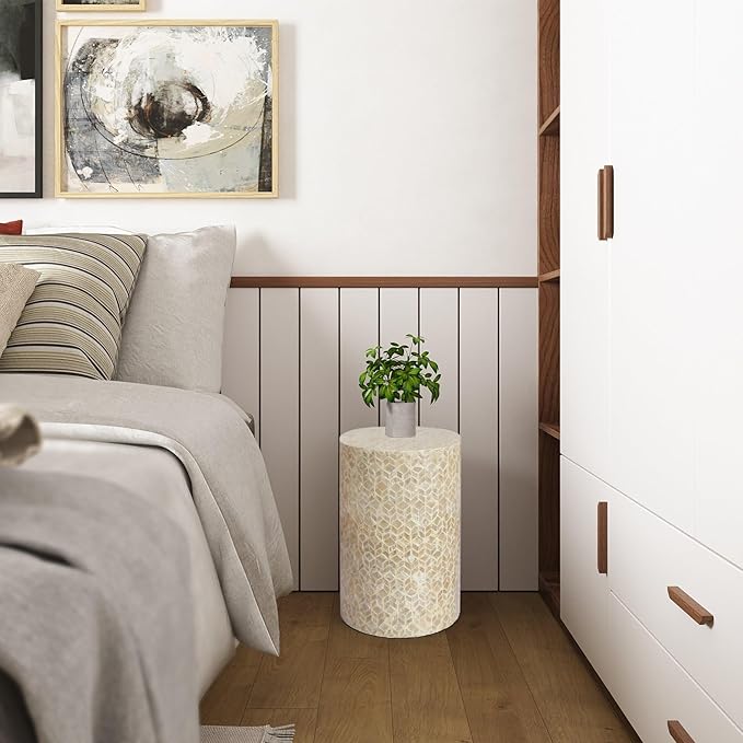 PEMAR Capiz Shell Cylinder Drum End Table Nacre Side Table Stool Round Drum Accent Coffee Bedside Nightstand and Vanity Stool (White Cream)