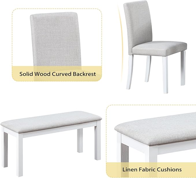 6-Piece Solid Wood Dining Table Set, Including 1 Dining Table, 4 Upholstered Chairs and 1 Bench, Wooden Legs Dining Table Set for Dining Room, Kitchen, Restaurant, White Diamond