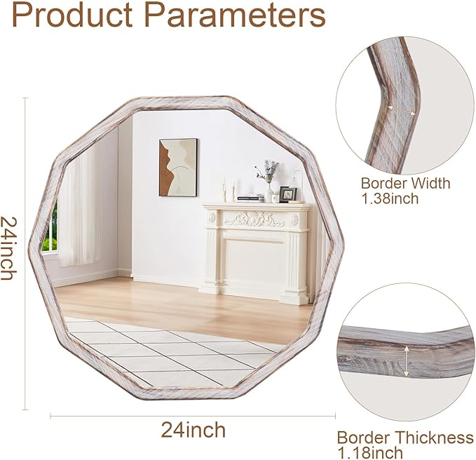 ULIKE White Wood Mirror for Wall, 24 Inch Rustic Farmhouse Mirror with Wood Frame, Decorative Wall Mounted Vanity Mirrors for Bathroom Bedroom Living Room Entryway