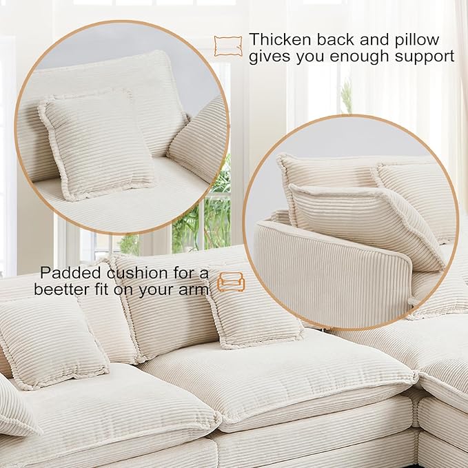 Furniliving 117‘’ L-Shaped Sofa, Luxury Corduroy Modular Sectional Couches with Ottoman, Upholstered Deep Seat Sleeper Sofa with Memory Foam and Waist Pillows, Beige