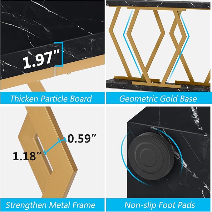 Tribesigns 70.9 Inch Extra Long Sofa Table，Black and Gold Console Table with Faux Marble Tabletop, Modern Long Entryway Table with Gold Frame
